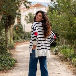 MERSEA Amour Sweater Classic Navy Stripes Red Heart Sz OS